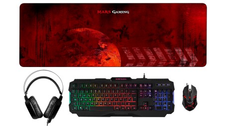 Pack Teclado + ratón + auriculares + alfombrilla MARS GAMING BUNDLE con conexión USB.